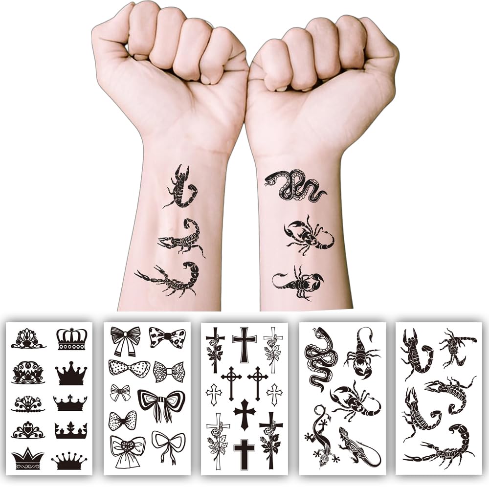 S.A.V.I 5pcs Temporary Tattoo Sheets for Men & Women – Black Waterproof Designs | Crown, Snake, Cross, Bow | 10.5x6cm | Safe Non-Toxic Skin-Friendly Body Art Stickers for Kids & Adults (59)