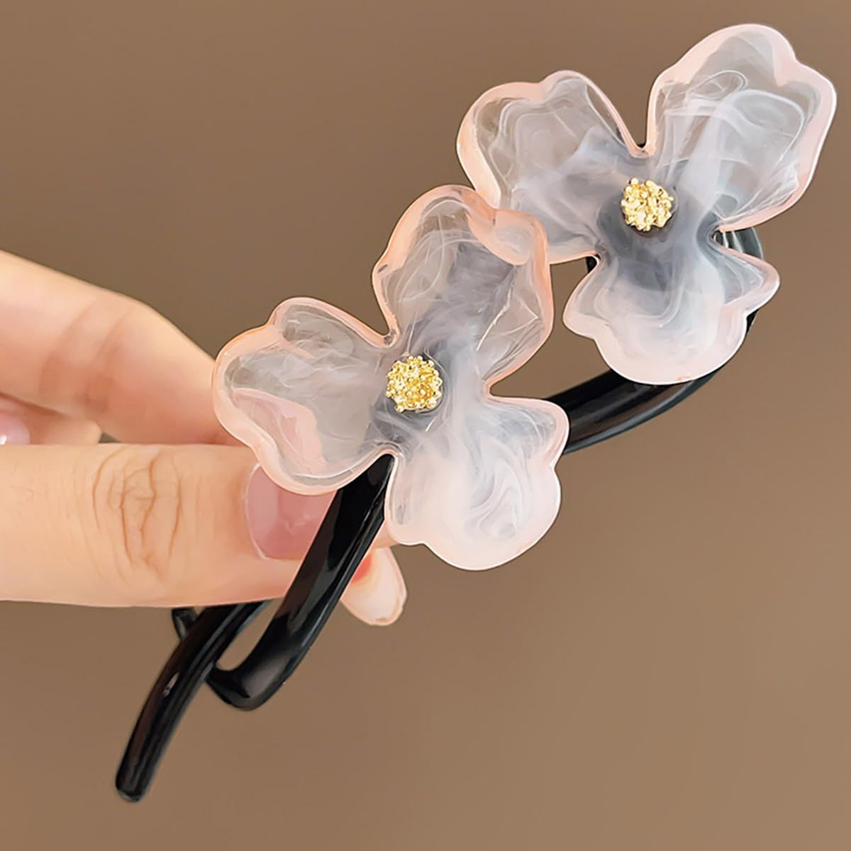 S.A.V.I Trending Pink Flower Hair Clip for Women & Girls | Elegant 12.7 cm Long Black Plastic Hairpin with Dual Resin Floral Design | Durable Grip Stylish Hair Accessory for Party, Wedding, Daily
