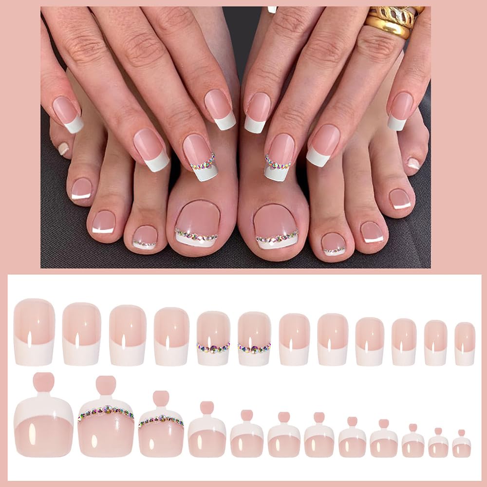 S.A.V.I 48 Pcs French Tip Fake Nails for Hands & Feet | Nude Pink White Press On Nails with Rhinestones | Medium Square Shape | Reusable Nail Art Kit for Women & Girls | Manicure Set