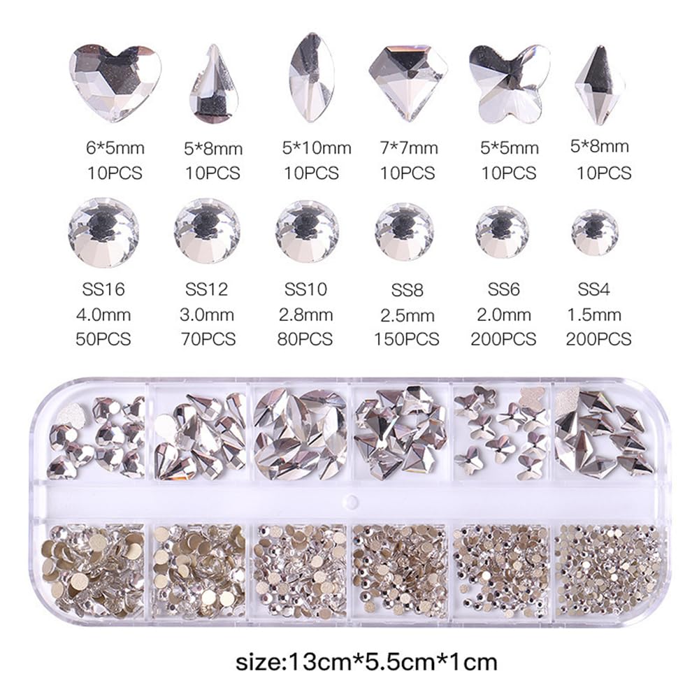 S.A.V.I Crystal Nail Art Rhinestones Kit – 3D Flatback Glass Stones in 6 Shapes & Sizes – Nail Gems for Women & Girls – Silver DIY Manicure Decoration with Picker Pencil & Tweezer