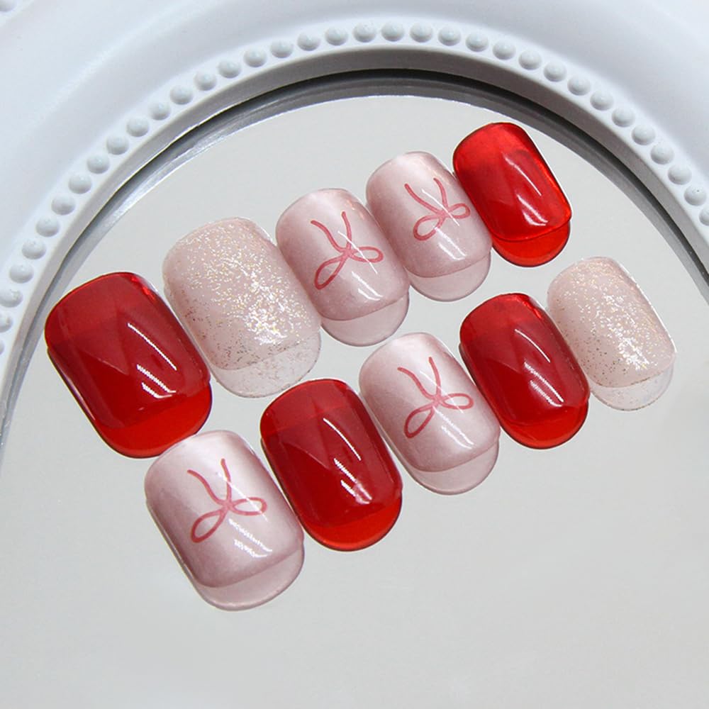 S.A.V.I 24Pcs Short Natural Shape Press-On Nails Red Nude Glitter Bow Design | Reusable DIY Nail Art with Glue & Adhesive Tabs | Trendy Fake Nails for Women & Girls