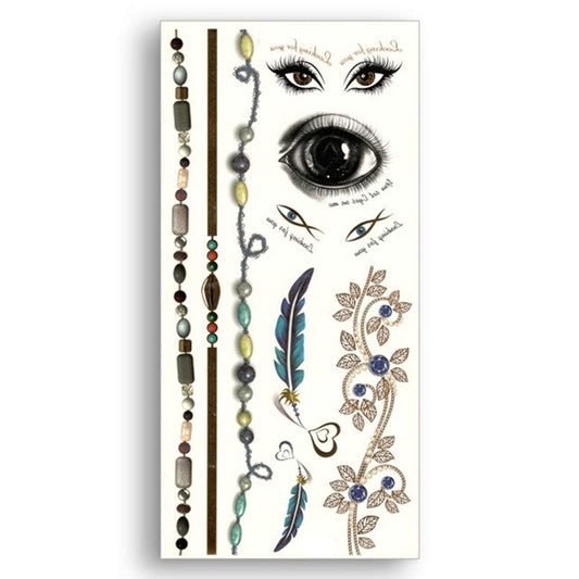 S.A.V.I 3D Temporary Tattoo Golden And Silver Metallic Sticker Beautiful Eyes Feather Flower Wrist Arm Design Size 21x10CM - 1PC.