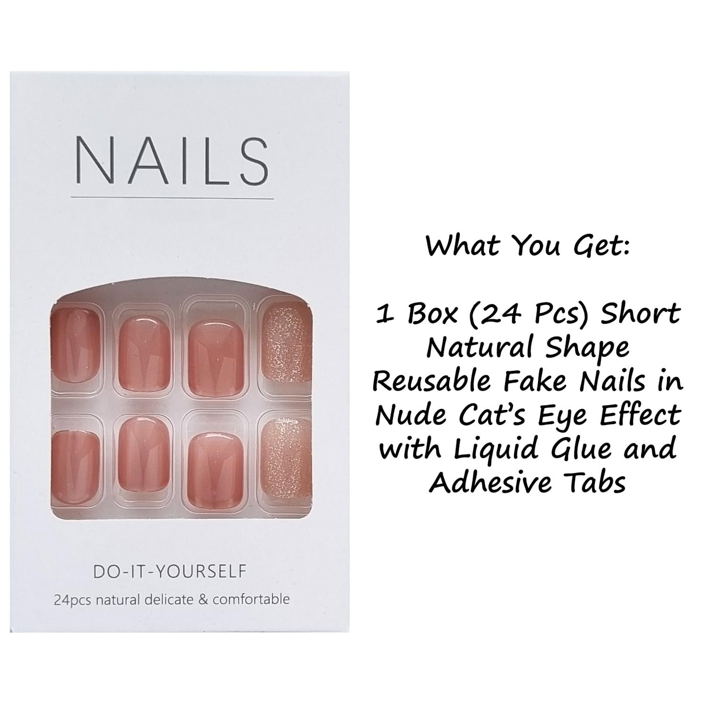 S.A.V.I 24 Pcs Nude Cat's Eye Glossy & Glitter Press On Nails | Short Square Fake Nails with Glue & Adhesive Tabs | Reusable Natural Nail Tips for Women & Girls | DIY Manicure Kit at Home
