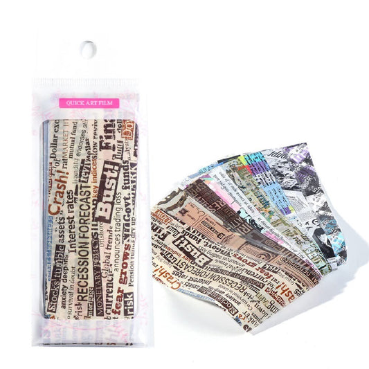 S.A.V.I 10 Nail Foil Strip Set Newspaper Magazine Effect Transfer DIY Manicure Decoration Sticker, 20x4 CM per sheet