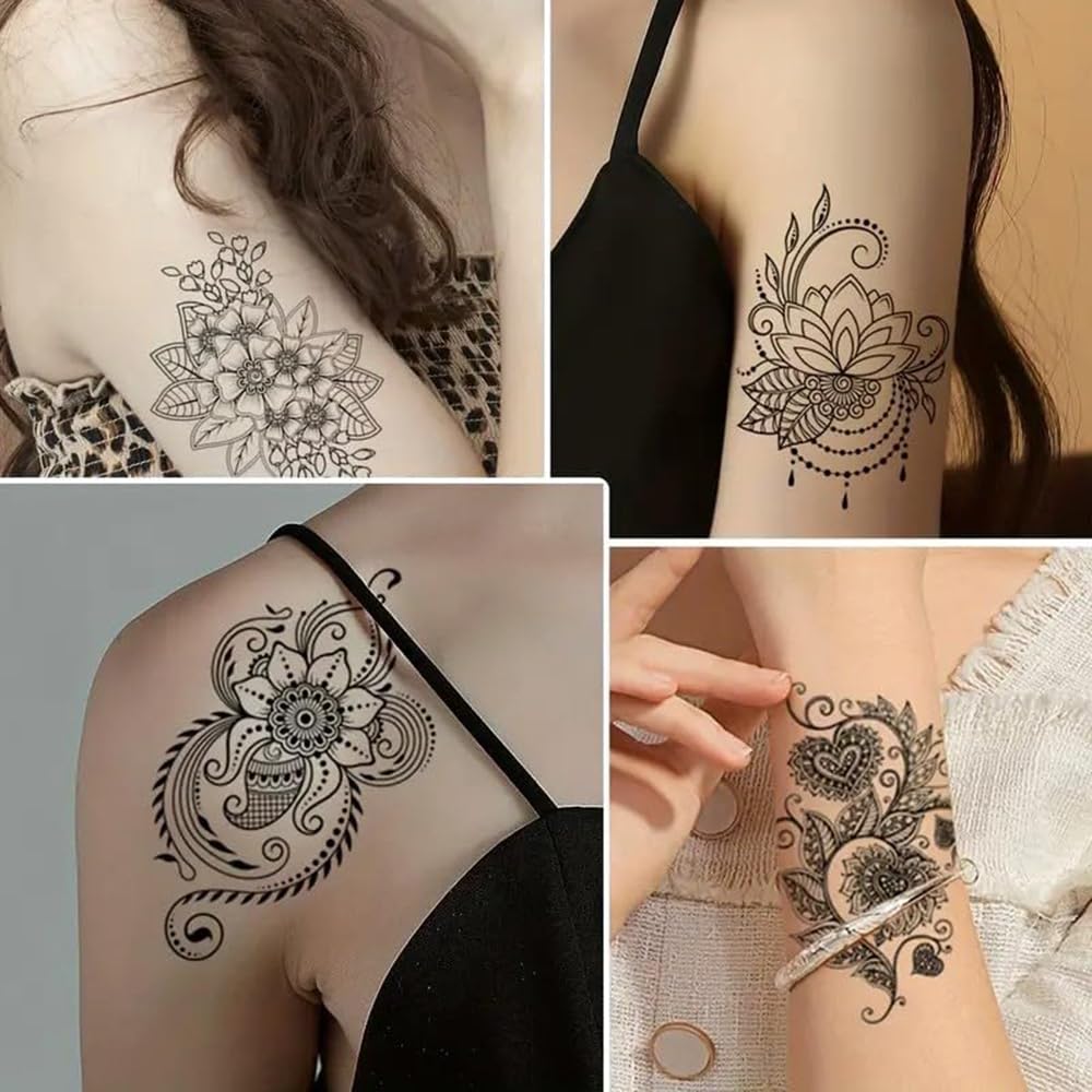 S.A.V.I 30 Pcs Black Floral Temporary Tattoos for Women & Girls | Waterproof, Non-Toxic, Safe Body Art Stickers | Long-Lasting Arm, Shoulder, Back Mehndi Style Design | Easy to Apply & Remove (07)