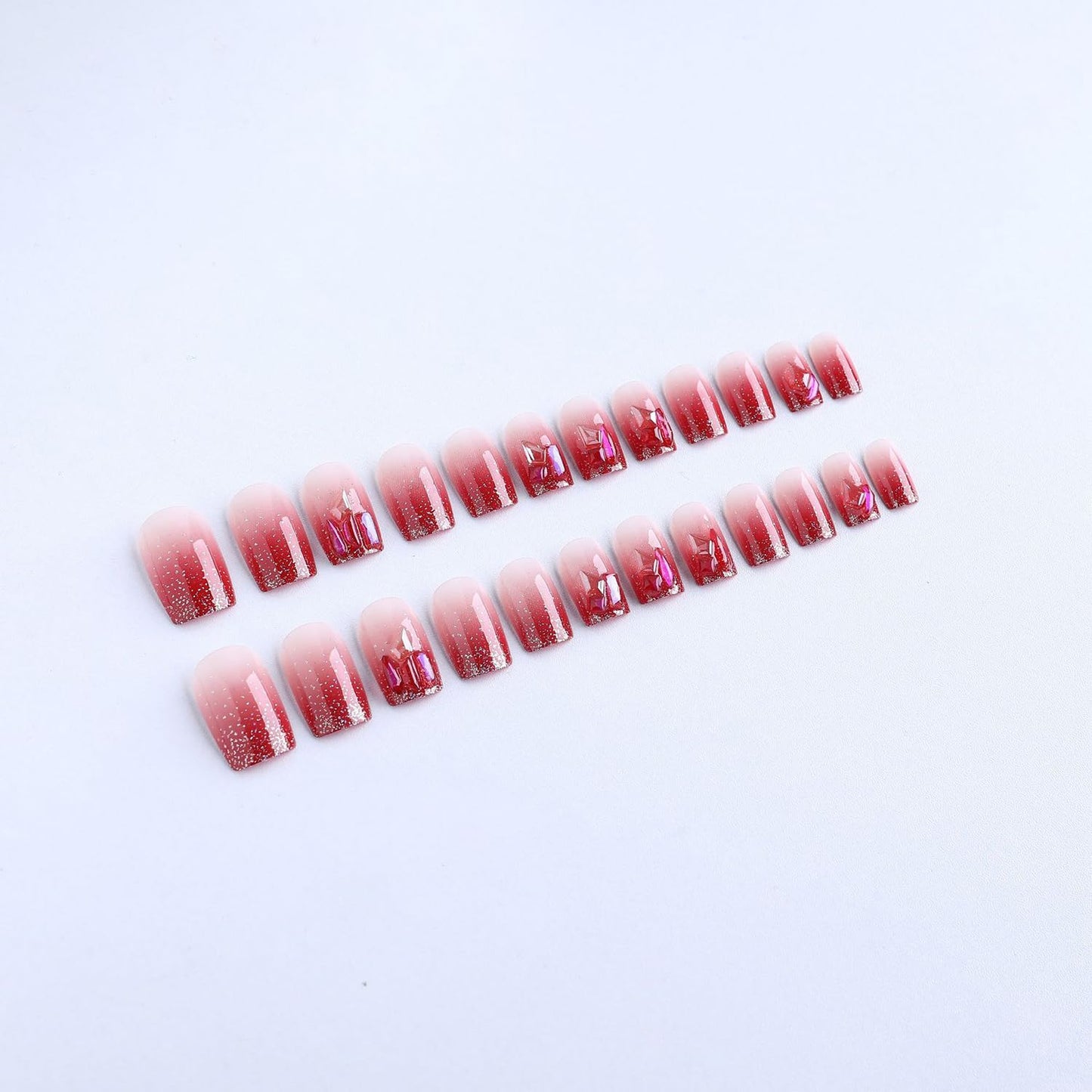 S.A.V.I 24pcs Square Medium Length Nude & Red Glitter Fake Nails with Rhinestones | Reusable Salon-Quality Nail Art| Includes Glue & Adhesive Tabs for DIY Manicure at Home