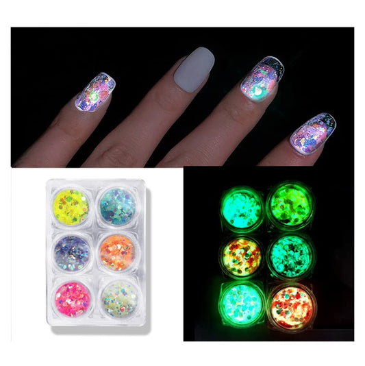 S.A.V.I 6 Colors DIY Nail Art Luminous Glow In Dark Sequins Mixed Mirror Hexagon Shape Mermaid Flakes