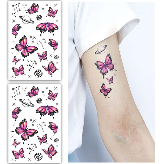 S.A.V.I 2 Sheets | Vibrant Pink Butterfly Temporary Tattoos for Kids  Adults | Waterproof  Long-lasting | Easy to Apply  Remove | Perfect for Parties, Festivals, Gifts | Each Sheet 12x7.5 cm