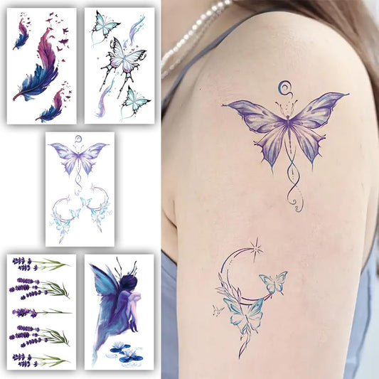 S.A.V.I Temporary Tattoos for Women  Girls | 5 Sheets | Watercolor Butterfly, Feather, Lavender  Fairy Designs | 10.5x6cm | Long-Lasting, Waterproof | Easy to Apply for Party, Festival  Daily Wear