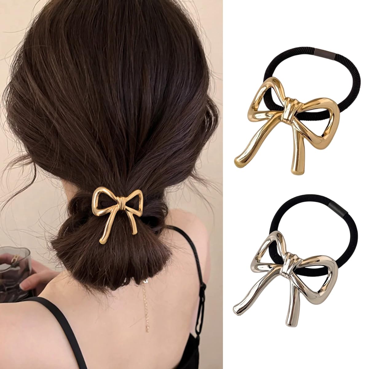 S.A.V.I 2pcs Elastic Hair Ties with Big Alloy Metal Bow | Stylish Gold & Silver Hair Accessories for Women & Girls | Durable Black Ponytail Holders | Cute Rubber Bands Size 4.5 x 4.6 cm