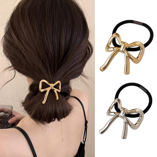 S.A.V.I 2pcs Elastic Hair Ties with Big Alloy Metal Bow | Stylish Gold & Silver Hair Accessories for Women & Girls | Durable Black Ponytail Holders | Cute Rubber Bands Size 4.5 x 4.6 cm