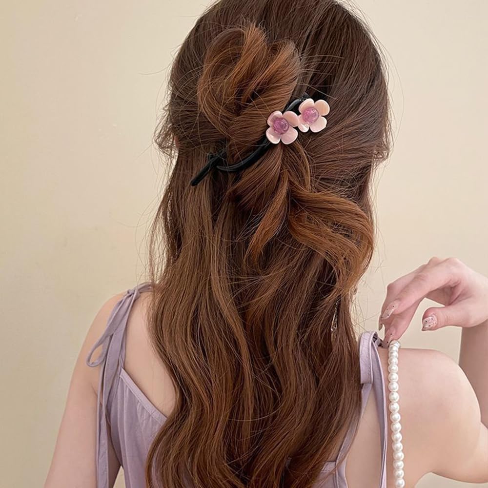S.A.V.I Stylish 11cm Pink Floral Hair Clutcher for Women | Black Acrylic Hair Clip with Dual Flower Design | Strong Grip Clutch for Daily, Office, Casual & Party Hairstyles