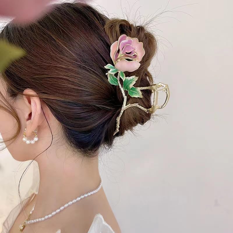 S.A.V.I Gold Rose Hair Claw Clip for Women & Girls | Pink Enamel Flower Clutcher with Green Leaves | 11x5 cm Metal Hair Accessory for Party, Wedding, Daily | Stylish Floral Design