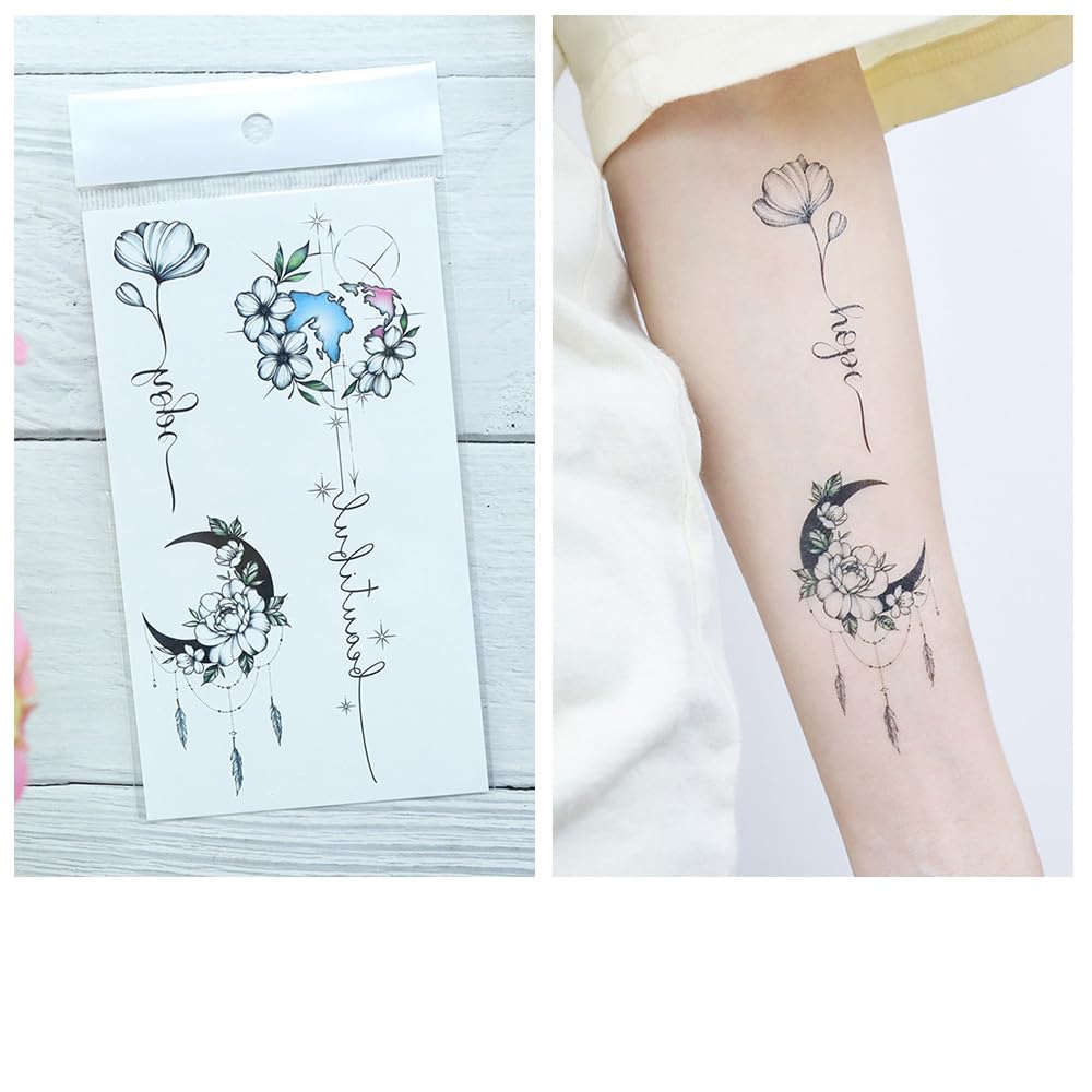 S.A.V.I 3 Pcs Floral Temporary Tattoo Stickers for Women & Girls – 16x9 cm Waterproof, Safe & Non-Toxic, Long-Lasting Body Art with Elegant Flower, Moon & Bird Designs for Arm, Wrist & Back (05)