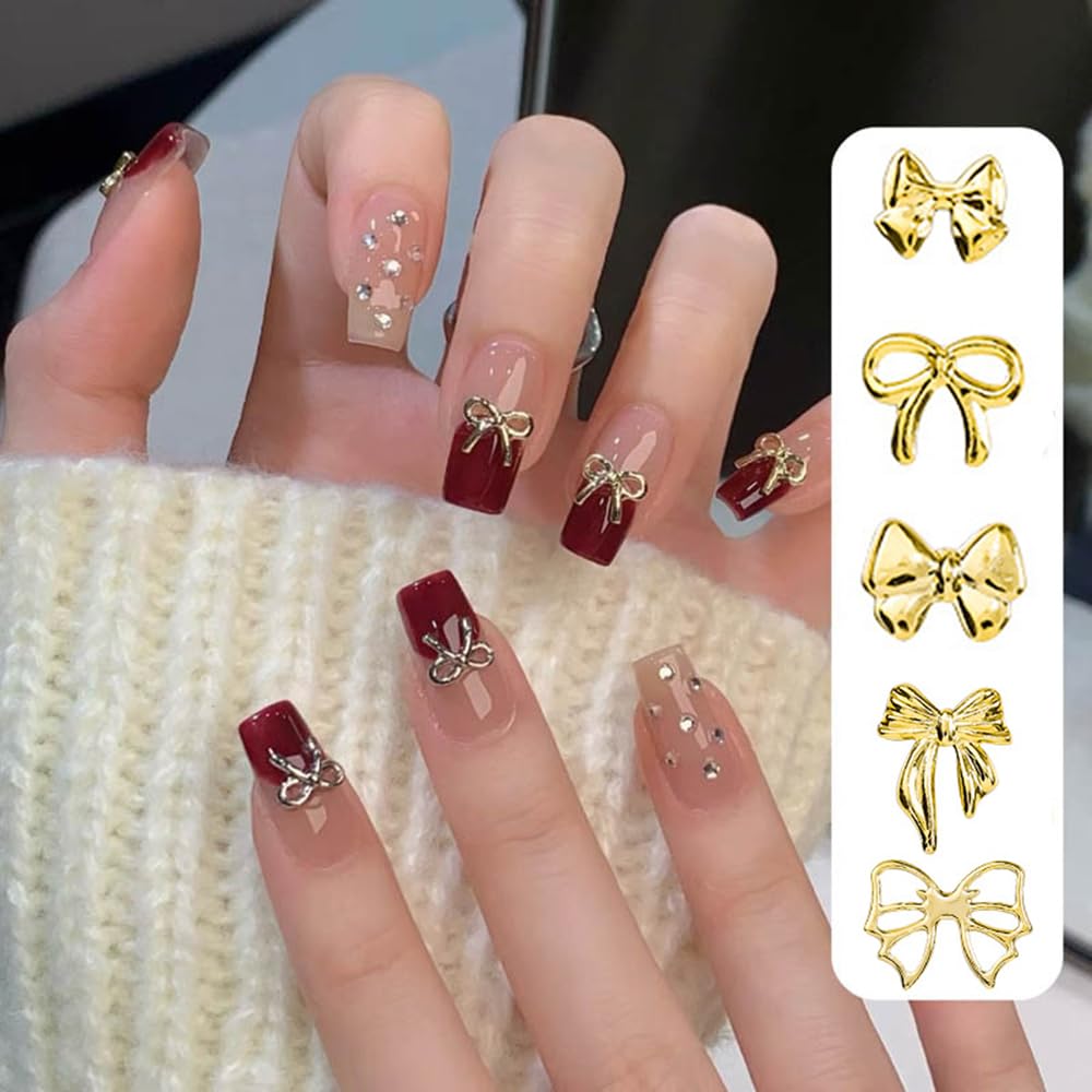 S.A.V.I Gold Alloy Bow Nail Art Decorations – 3D Metal Nail Charms (Box 30 g) 12 Stylish Designs for DIY Nail Extensions & Manicure – Nail Accessories for Women & Girls