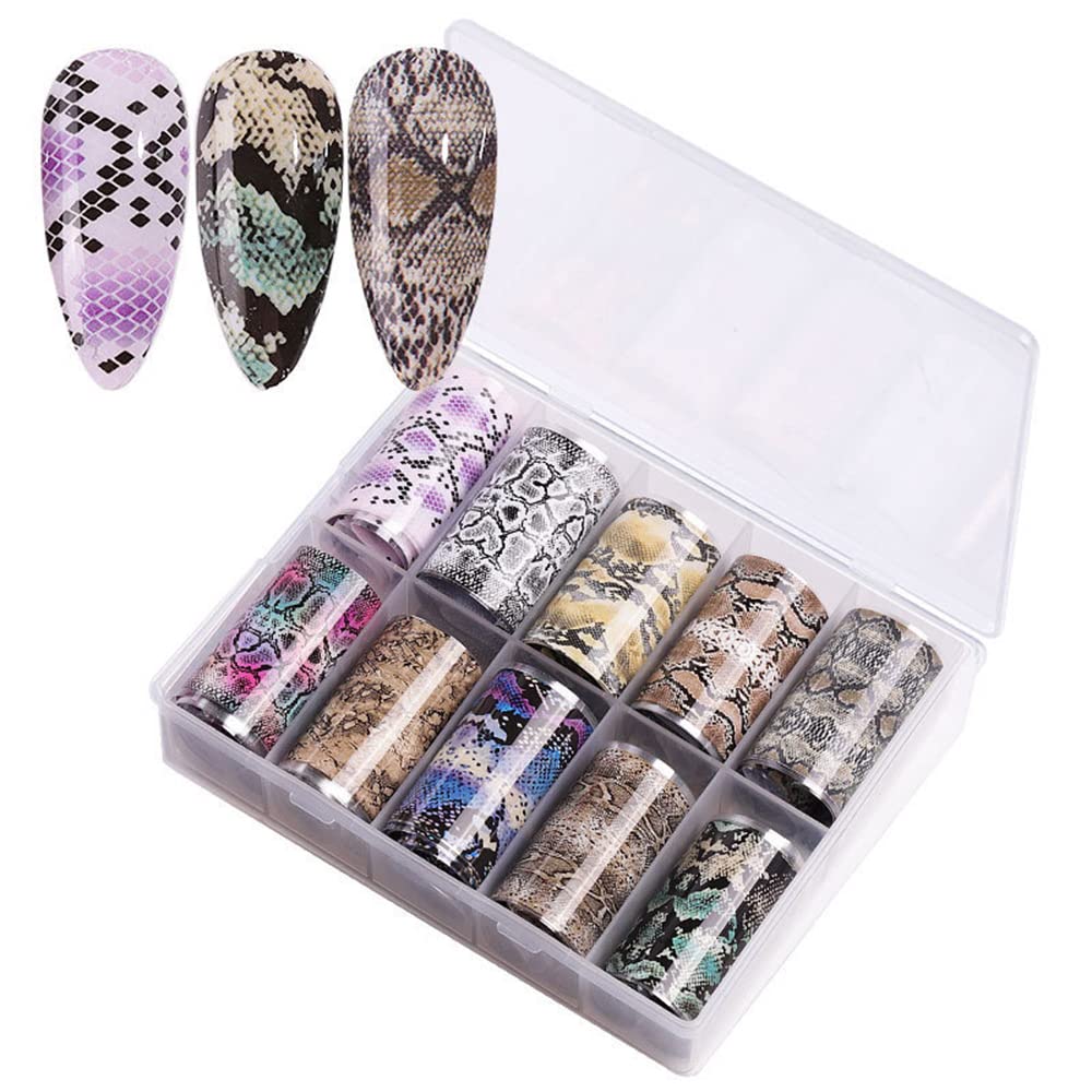 S.A.V.I Nail Foil Transfer Sticker, 10 Designs Box, Snake Skin Design, 4x100CM Each roll