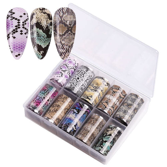 S.A.V.I Nail Foil Transfer Sticker, 10 Designs Box, Snake Skin Design, 4x100CM Each roll