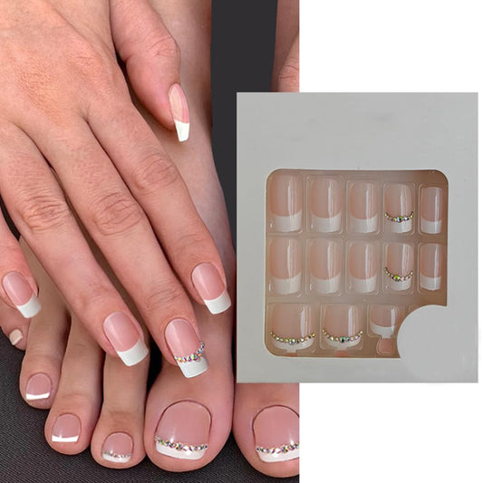 S.A.V.I 48 Pcs French Tip Fake Nails for Hands & Feet | Nude Pink White Press On Nails with Rhinestones | Medium Square Shape | Reusable Nail Art Kit for Women & Girls | Manicure Set