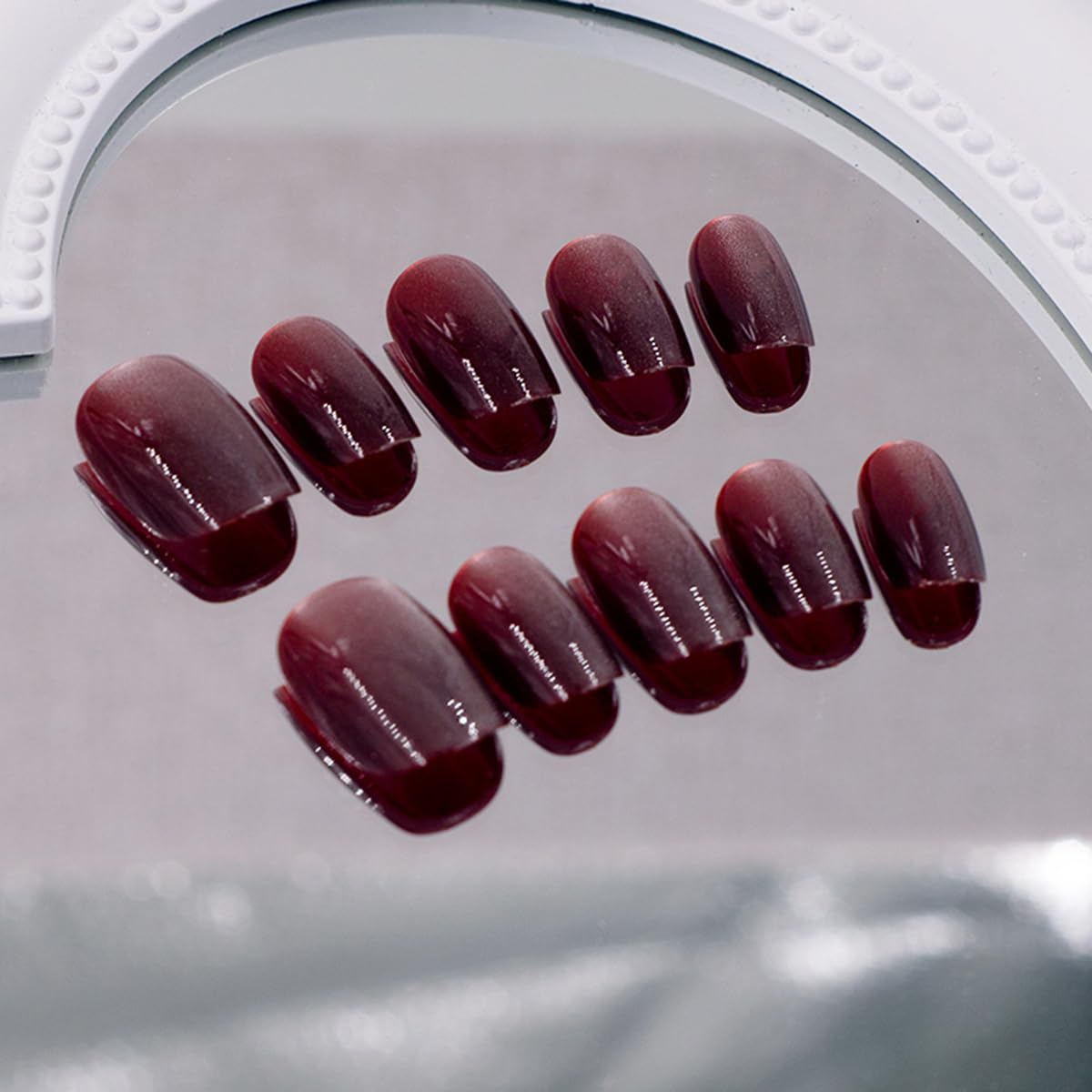 S.A.V.I 24 Pcs Short Natural Shape False Nails for Women | Maroon Cat’s Eye Glossy Press On Set with Glue & Adhesive Tabs | Reusable Artificial Tips, Easy Application & Removal