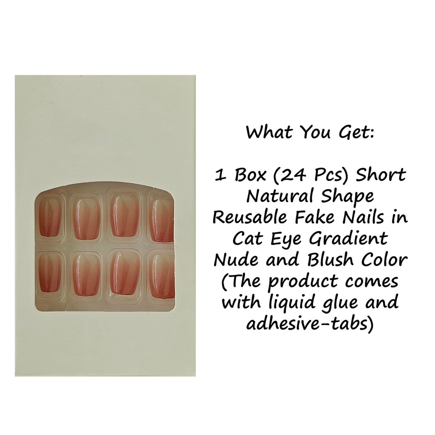 S.A.V.I 24 Pcs Reusable Cat Eye Nude & Blush Gradient Fake Nails | Short Square Press On Nails Kit with Glue & Adhesive Tabs | Glossy Finish DIY Nail Art for Women & Girls