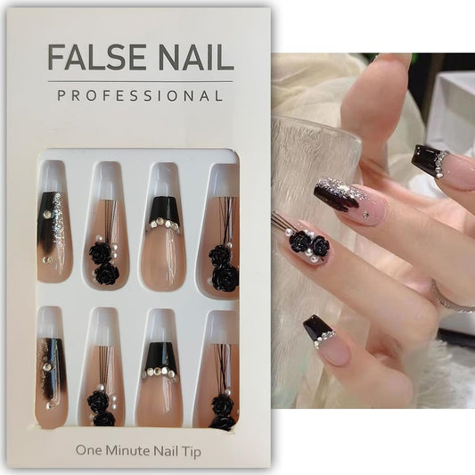 S.A.V.I 24 PCS - 3D Rose Flower Coffin Nails Nude Medium, Reusable, Press-On with Glue  Tape
