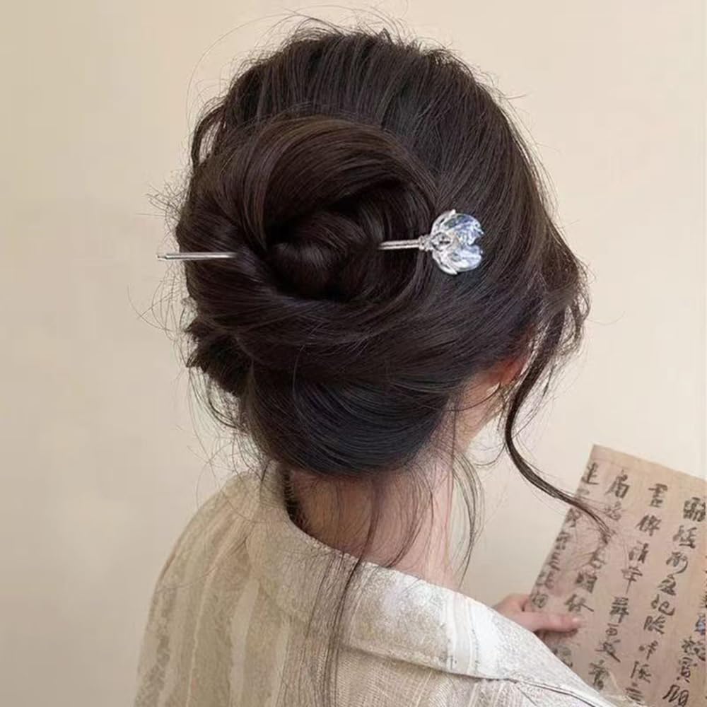 S.A.V.I Silver Hair Bun Stick Pin for Women | 13.5cm Metal Juda Stick with Transparent Crystal Flower | Elegant Floral Hair Accessory for Party, Bridal & Traditional