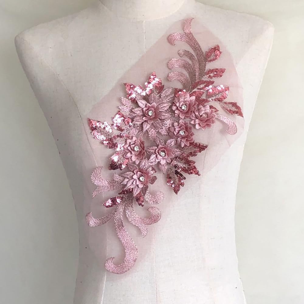 S.A.V.I 3D Floral Applique Patch – Dusty Rose Pink | Embroidered Lace Mesh with Beads  Sequins | 15.3x7.5 in for Bridal, Lehenga, Saree, Blouse, Gown, Dress, DIY Craft  Sewing Accessories