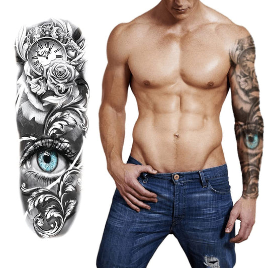 S.A.V.I Full Arm Tattoo, Clock Temporary Tattoo Sticker, Size 48x17CM