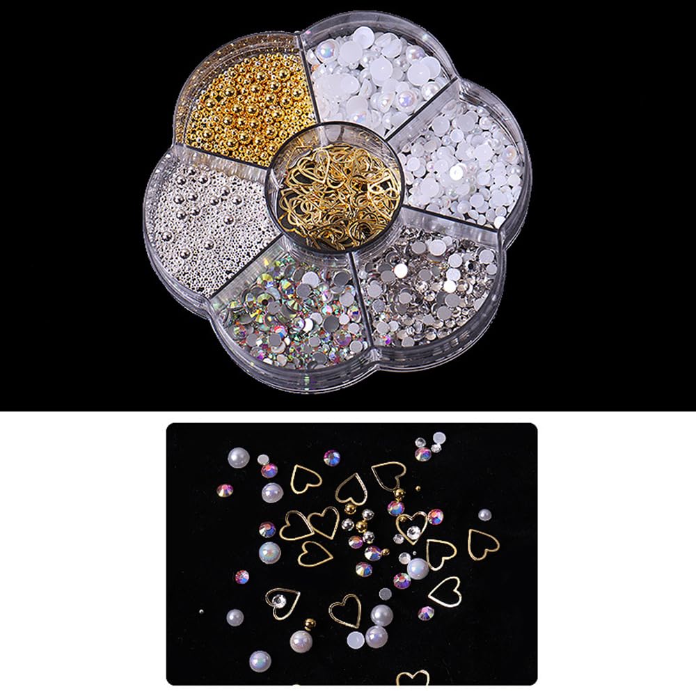 S.A.V.I 7-Section Nail Art Decoration Box – Gold/Silver Metal Balls, AB & White Pearls, Glass Rhinestones, Alloy Heart Charms – 8.3 cm, 44g, DIY Manicure & Nail Art Accessories Kit