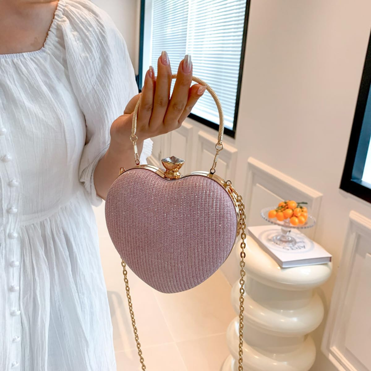 S.A.V.I Women’s Heart Shaped Pink Glitter Clutch Bag | Party & Wedding Evening Purse with Gold Handle, Chain Strap & Crystal Lock | Elegant Metallic Handbag for Brides & Events – 16x15 cm (Pink)