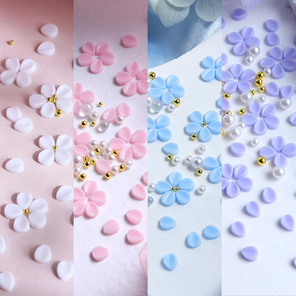 S.A.V.I 3D Flower Nail Art Decorations Set – 7 Colours Mixed Petal Charms with Pearls & Gold Beads for DIY Nail Design, Acrylic & Gel Extensions – Resin Blossoms Manicure Kit