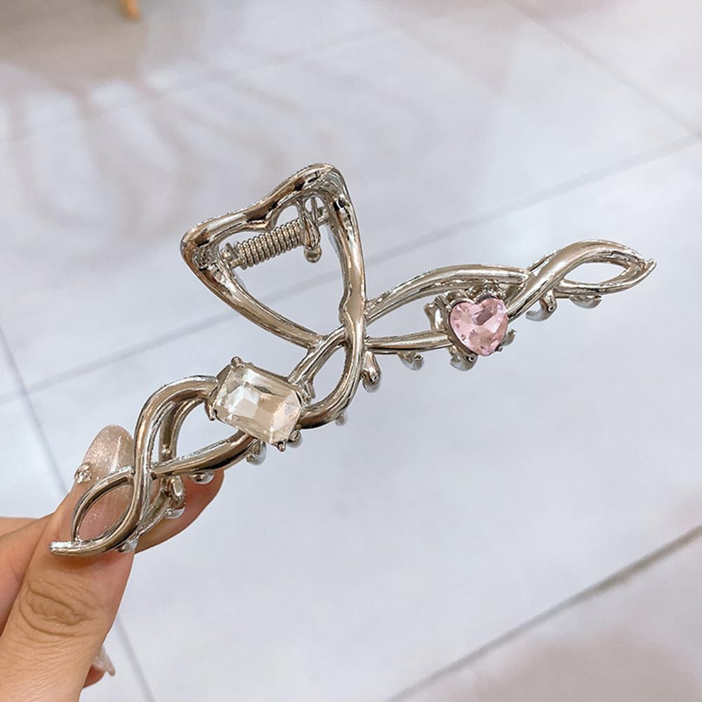 S.A.V.I Silver Metal Hair Claw Clip for Women & Girls | 11cm Big Hair Clutcher with Rhinestones | Stylish Butterfly Design | Strong Grip Hair Accessory for Thick Hair, Party & Daily