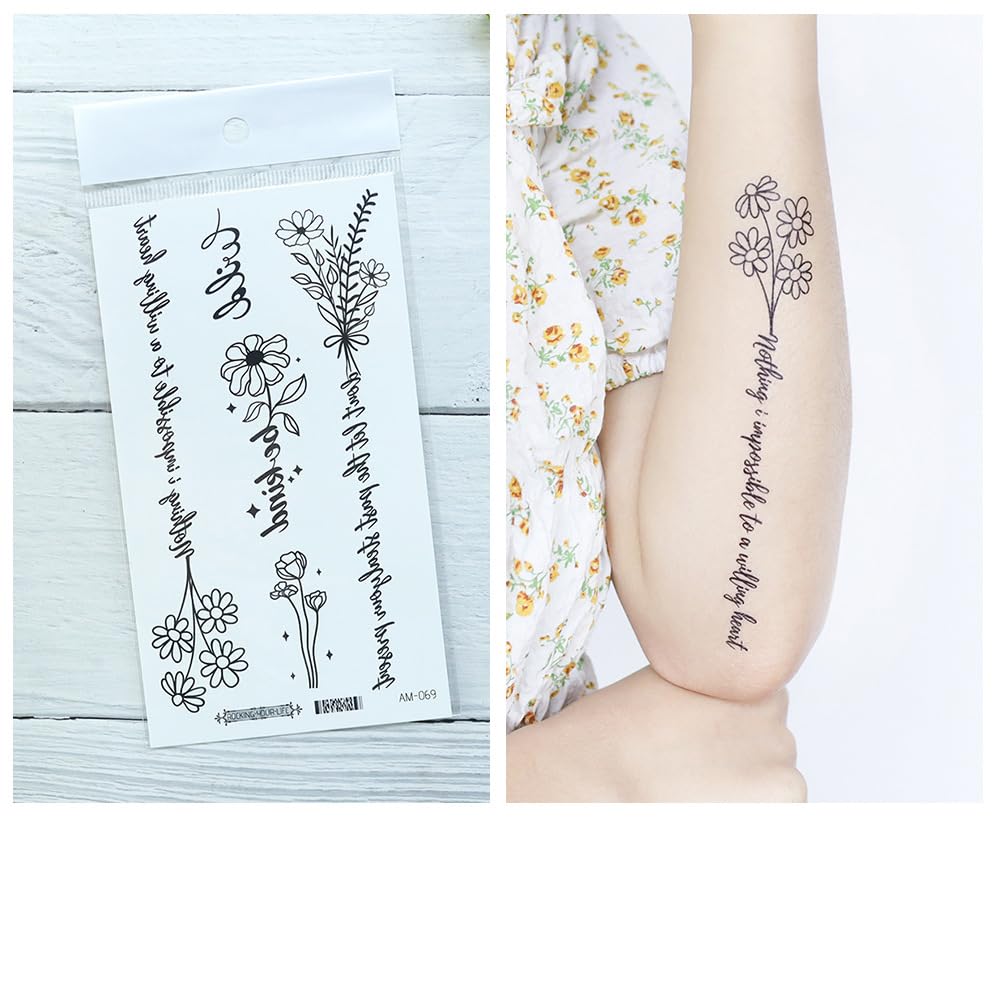 S.A.V.I 3 Pcs Floral Temporary Tattoo Stickers for Women & Girls – Safe Non-Toxic, Black Ink, Long Lasting, Waterproof, 16x9 cm, Dandelion & Flower Designs, Easy to Apply for Arms, Neck & Back (08)