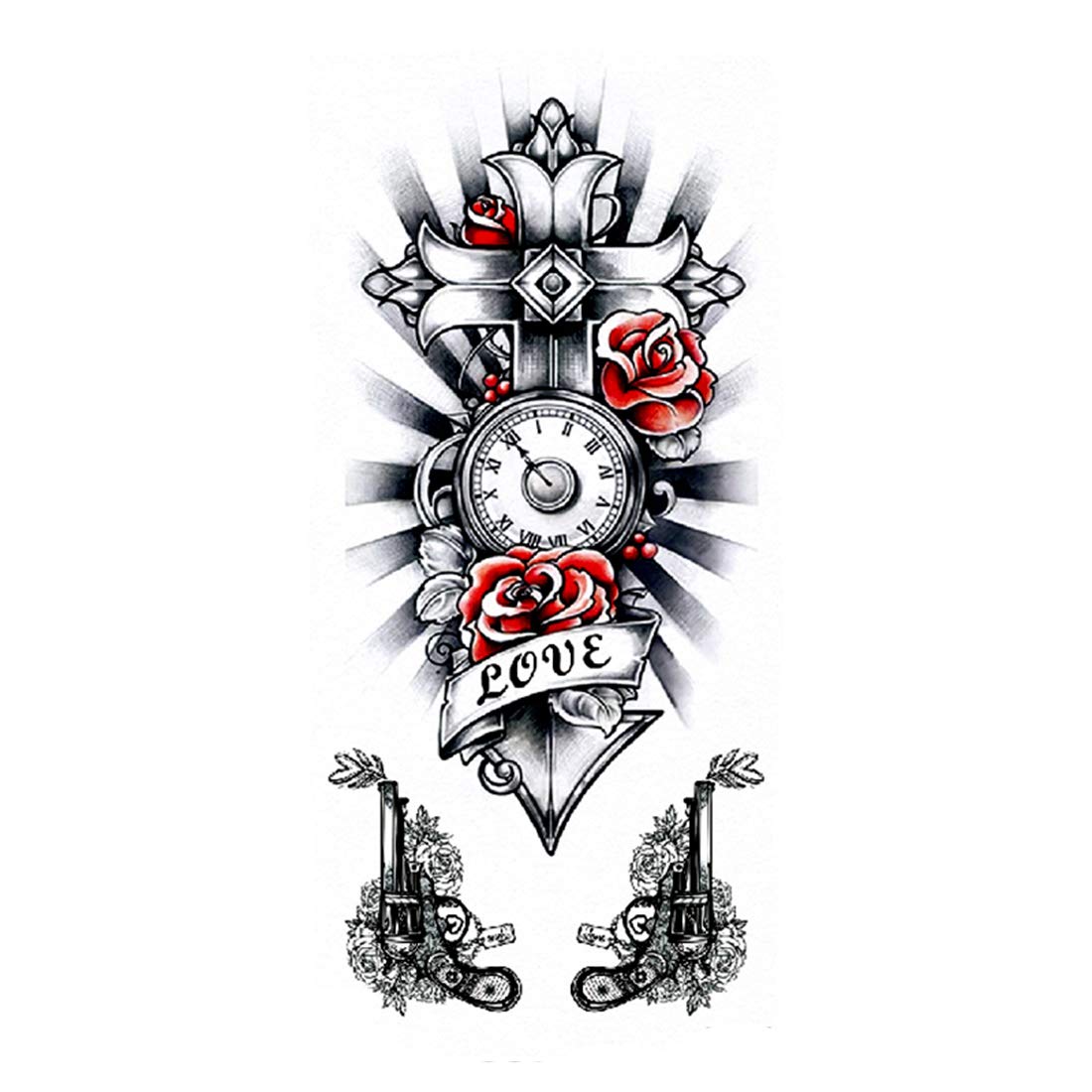 S.A.V.I 3D Temporary Tattoo Sticker Beautiful Clock Rose Cross Love Guns Popular Design Size 19x9 CM - 1PC.