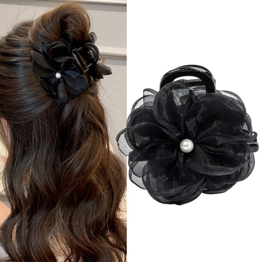 S.A.V.I Black Flower Hair Claw Clip for Women & Girls | Pearl Centered Floral Hair Accessory | 8cm Stylish Hair Clip for Bun, Party, Wedding & Daily | Elegant Hair Styling Clip