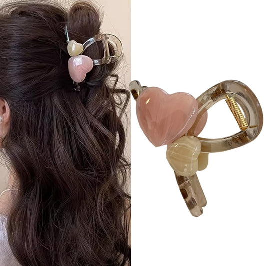 S.A.V.I 8cm Heart Shape Hair Claw Clip for Women & Girls | Pastel Pink & Beige Acrylic Hair Clip | Strong Grip Clutcher for Thick Hair | Stylish Daily & Party Hair Accessory