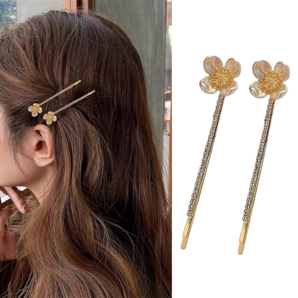 S.A.V.I 1 Pair Golden Flower Rhinestone Hairpins for Women & Girls | Elegant Pearl Bobby Pins | Stylish Hair Accessories for Party, Wedding, Daily | 6.8cm Floral Clips
