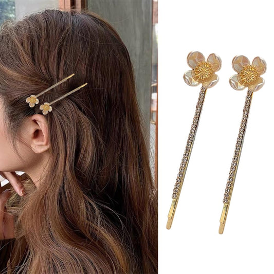 S.A.V.I 1 Pair Golden Flower Rhinestone Hairpins for Women & Girls | Elegant Pearl Bobby Pins | Stylish Hair Accessories for Party, Wedding, Daily | 6.8cm Floral Clips