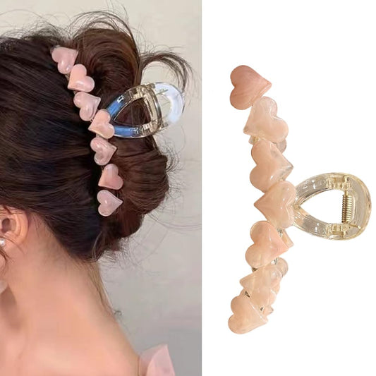 S.A.V.I Big Hair Claw Clip for Women & Girls | 13cm Transparent Acrylic Clutcher with Pink Heart Design | Strong Grip Bun Holder for Thick Hair | Stylish Hair Accessories for Daily