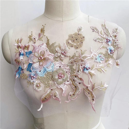 S.A.V.I 3D Floral Embroidered Applique Patch | Pink, Blue  Gold Mesh Lace | 36x25 cm | DIY Bridal, Lehenga, Saree, Blouse, Gown, Ethnic Wear  Craft Sewing | Handmade Dress  Fabric Decoration Accessory