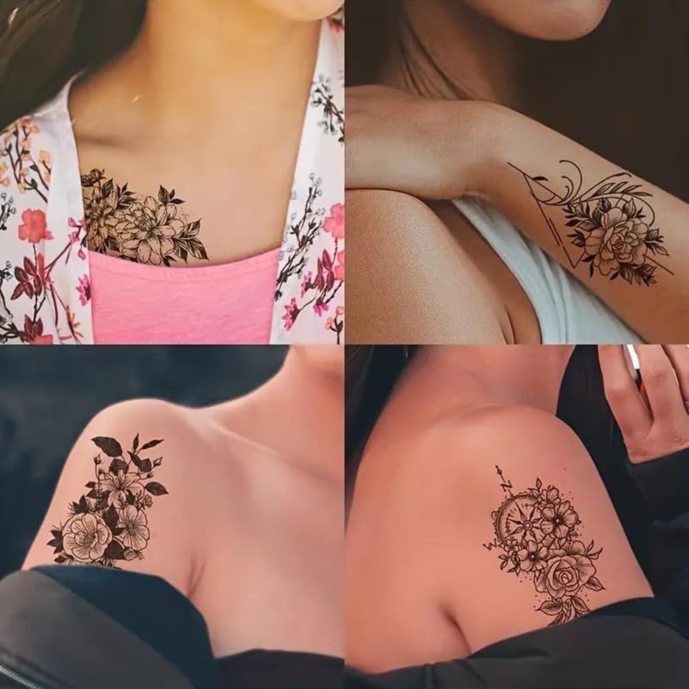 S.A.V.I 30 Pcs Black Floral Temporary Tattoos for Women & Girls | Waterproof, Non-Toxic, Safe Body Art Stickers | Long-Lasting Arm, Shoulder, Back Mehndi Style Design | Easy to Apply & Remove (07)