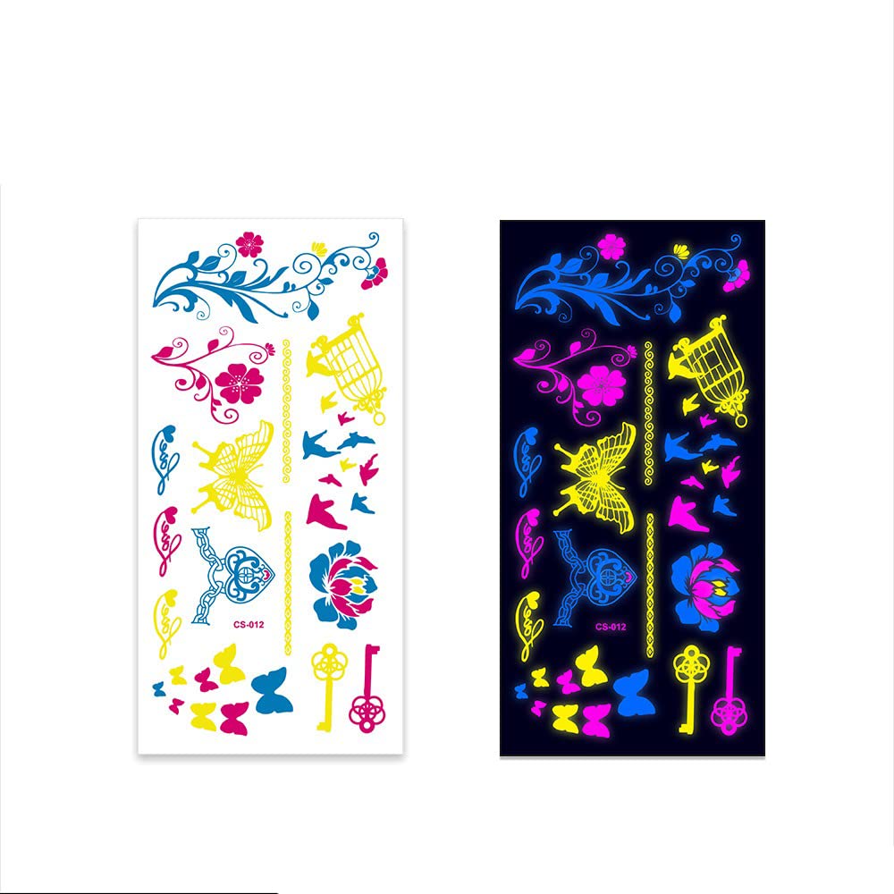 S.A.V.I Neon Temporary Tattoos, Glow UV Neon Body Face Skin Tattoo, Butterflies, Flowers, Birds, Cage, Tattoos Flash Fake Waterproof Tattoo Stickers for Women Men Girls Body Art, Size- 21x10.5CM