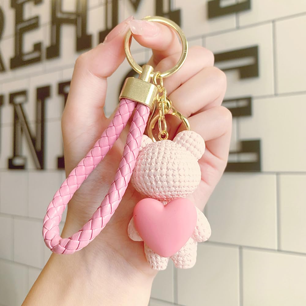 S.A.V.I Cute Pink Bear Keychain with Heart Charm | Resin Mini Teddy Pendant 6cm | Braided PU Leather Wrist Strap | Lightweight Gold Key Ring for Girls, Women (Pink)