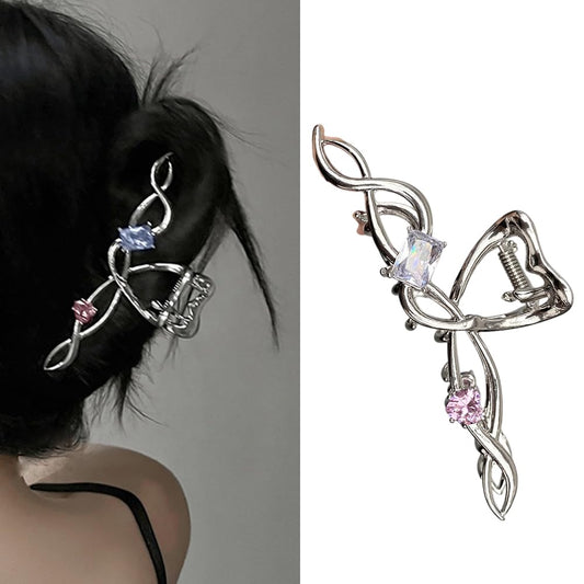 S.A.V.I Silver Metal Hair Claw Clip for Women & Girls | 11cm Big Hair Clutcher with Rhinestones | Stylish Butterfly Design | Strong Grip Hair Accessory for Thick Hair, Party & Daily