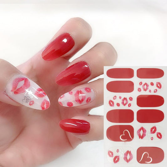 S.A.V.I Nail Art Stickers 12PCS - Gel Effect Full Nail Wrap, Red and Nude with Lipstick Print, Long-Lasting Nail Decoration