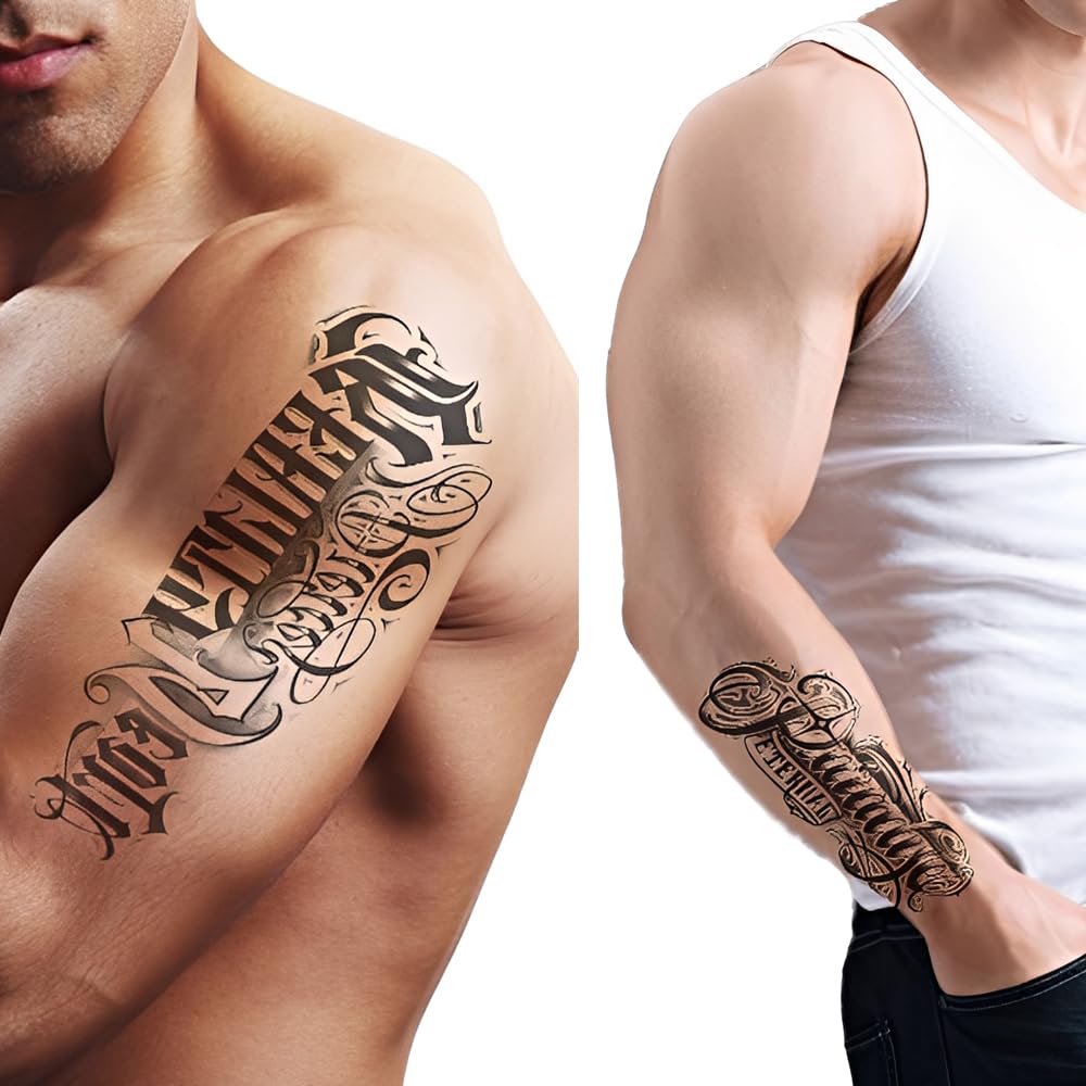 S.A.V.I 3 Sheets Large Calligraphic Script Temporary Tattoos for Men – Waterproof, Non-Toxic Black Body Art Stickers 21x10cm for Arm, Shoulder & Back – Easy Apply & Remove, Long-Lasting