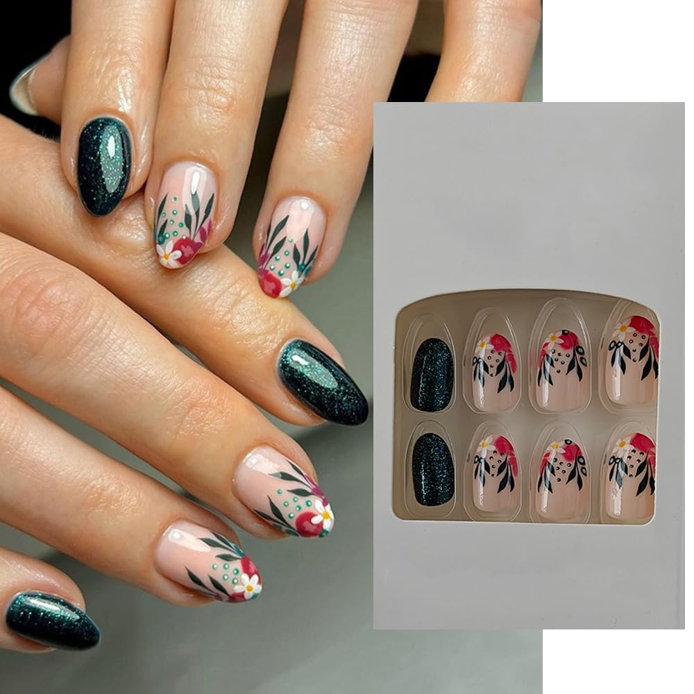 S.A.V.I 24 PCs Reusable Press-on Fake Nails - Medium Length, Round Shape, Green  Flower Print with Glitter, DIY Manicure Set