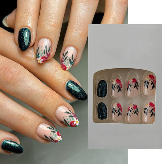 S.A.V.I 24 PCs Reusable Press-on Fake Nails - Medium Length, Round Shape, Green  Flower Print with Glitter, DIY Manicure Set