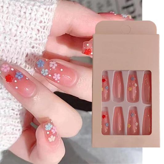 S.A.V.I 24Pcs Nude Coffin Fake Nails - 3D Flower Design Press-Ons with Glue  Tabs