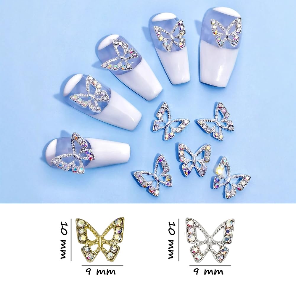 S.A.V.I 3D Butterfly Nail Art Charms for Women (10 Pcs, 10 × 9 mm) | Gold & Silver Alloy Rhinestone Nail Decorations | Reusable Sparkling Accessories for DIY Gel/Acrylic Extension & Salon Manicure